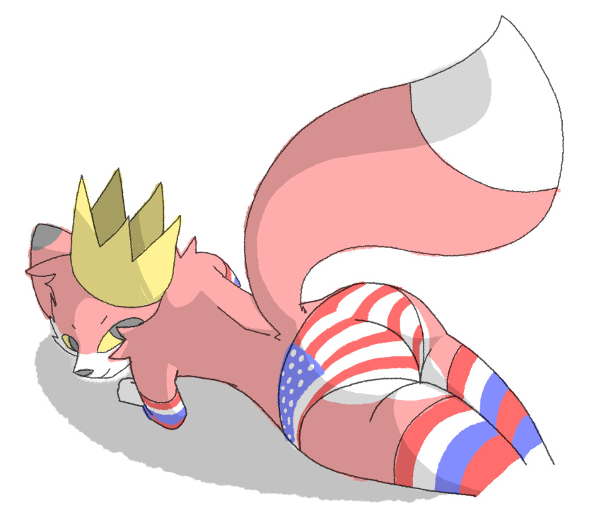 armwear big_butt big_tail butt canid canine chessy_(zylenox) clothing crown dipstick_ears dipstick_tail fox hi_res legwear looking_at_another looking_back male mammal multicolored_ears multicolored_tail panties simple_background smile stars_and_stripes thigh_highs underwear united_states_of_america zylenox