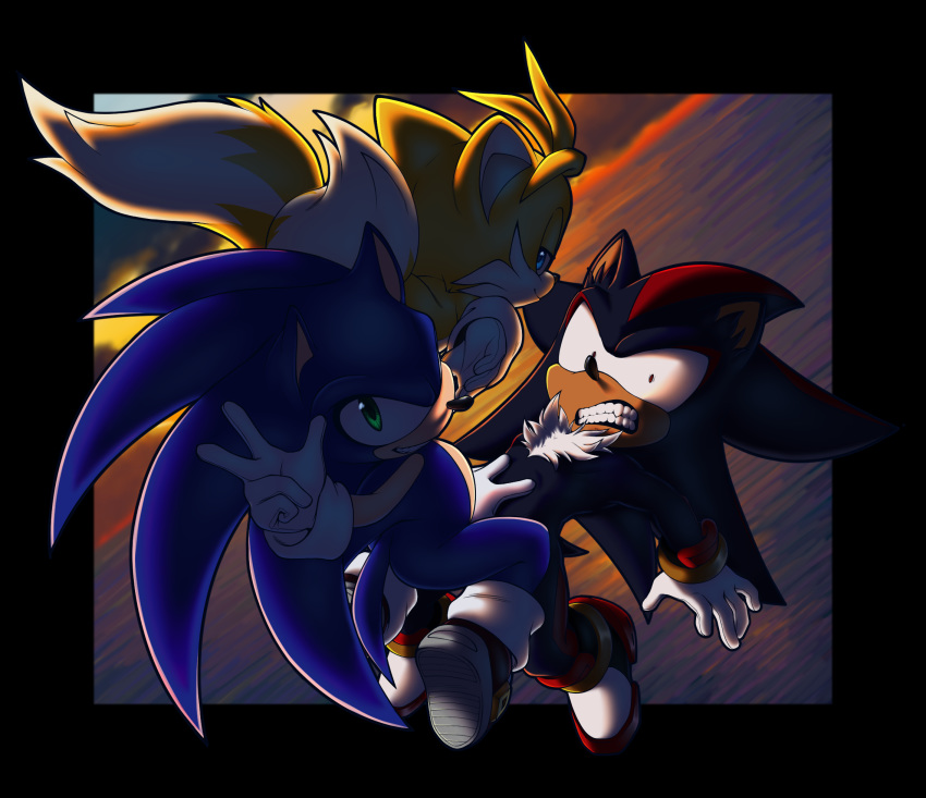 2020 anthro blue_eyes canid canine clothing eulipotyphlan footwear fox fur gloves green_eyes handwear hedgehog hi_res male male/male mammal miles_prower naughty_face nowykowski7 shadow_the_hedgehog sonic_the_hedgehog sonic_the_hedgehog_(series) teeth tuft video_games