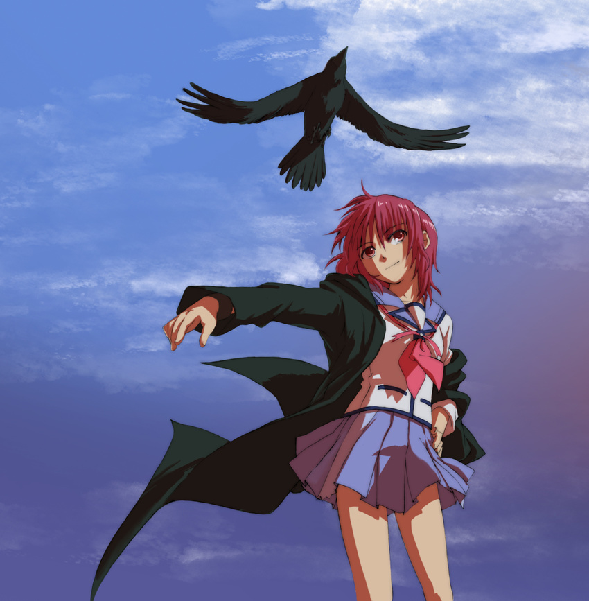 angel_beats! bird coat crow fumichi highres iwasawa red_eyes red_hair school_uniform sky smile solo