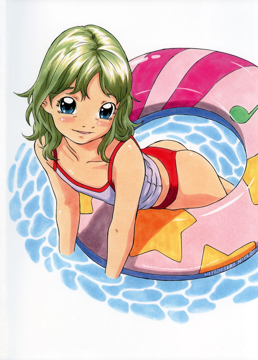 ass bikini blue_eyes child copyright_request green_hair hayashibara_hikari highres innertube solo swimsuit tankini water