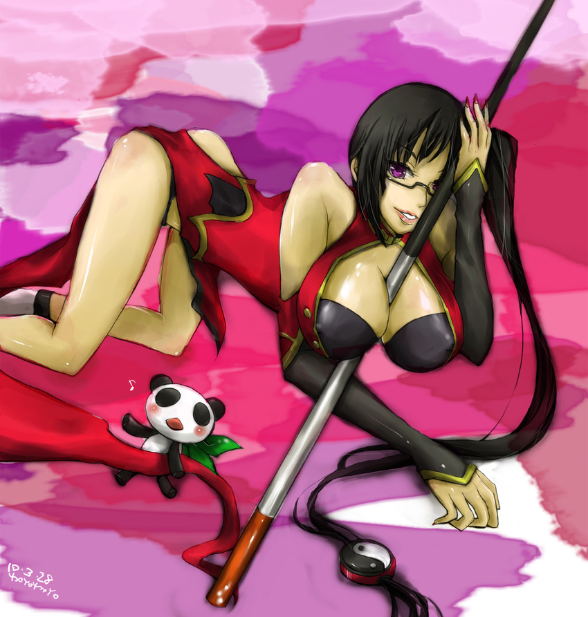 1girl arc_system_works bare_shoulders between_breasts big_breasts black_bra black_hair blazblue blazblue:_calamity_trigger bra breasts china_dress chinadress chinese_clothes cleavage dress erect_nipples female glasses highres lao_jiu large_breasts lingerie litchi_faye_ling long_hair lying moyomoyo nail_polish ponytail purple_eyes solo staff underwear