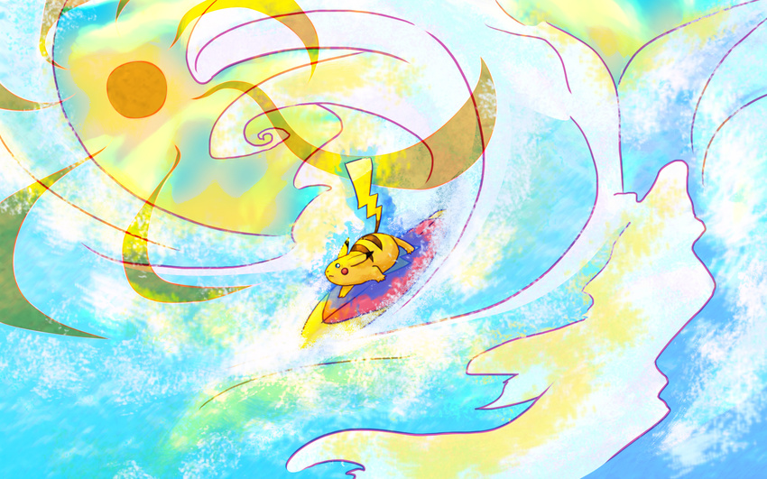 hakugin23 highres no_humans pikachu pokemon pokemon_(creature) sun sunlight surfboard surfing wallpaper