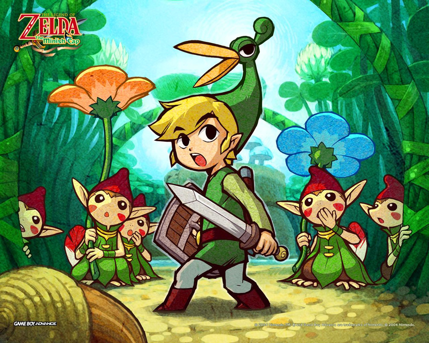 acorn belt black_eyes blonde_hair boots covering_mouth ezlo flower foreshortening hat holding holding_sword holding_weapon left-handed link looking_back miniboy mushroom official_art open_mouth plant pointy_ears shield surprised sword the_legend_of_zelda the_legend_of_zelda:_the_minish_cap toon_link wallpaper watermark weapon