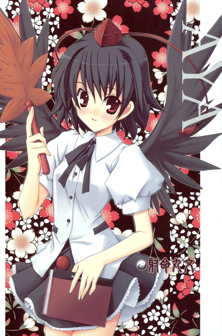 absurdres black_hair black_wings blush brown_eyes hat highres looking_at_viewer nanase_aoi shameimaru_aya short_hair smile solo tokin_hat touhou wings