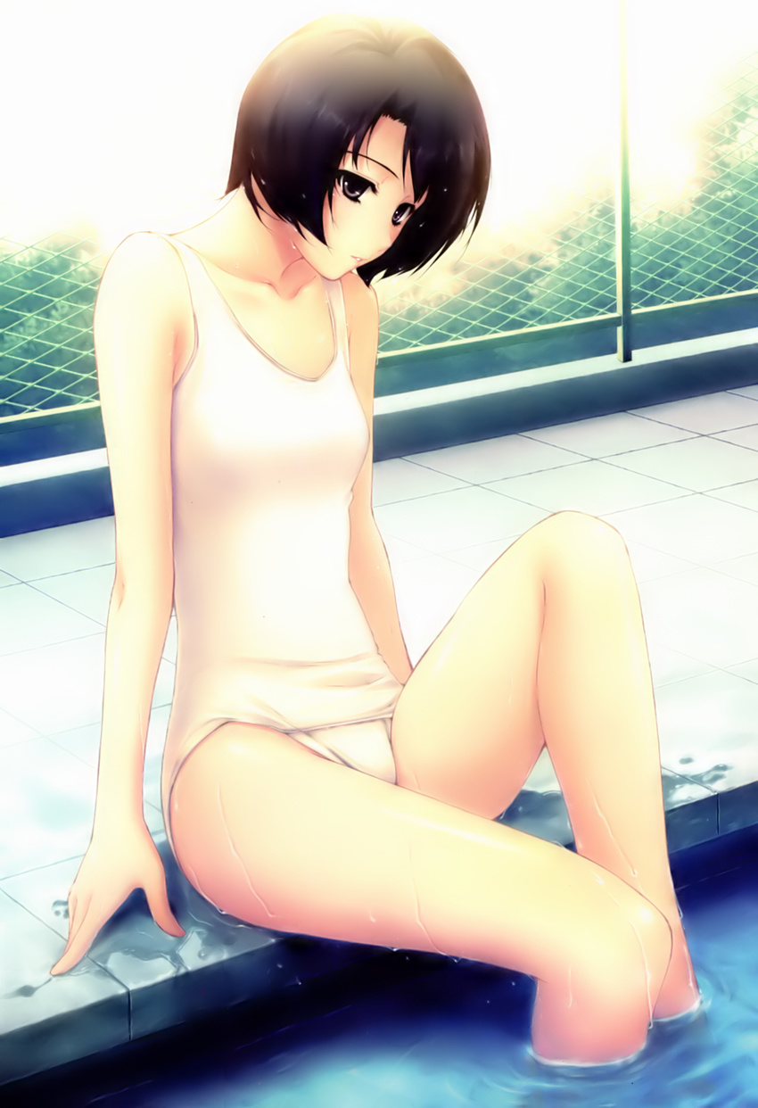 black_eyes black_hair bob_cut chain-link_fence day fence highres innocent_grey kara_no_shoujo leg_up looking_down one-piece_swimsuit open_mouth outdoors parted_lips pool poolside school_swimsuit short_hair sitting soaking_feet solo sugina_miki swimsuit tokisaka_yukari water wet white_school_swimsuit white_swimsuit