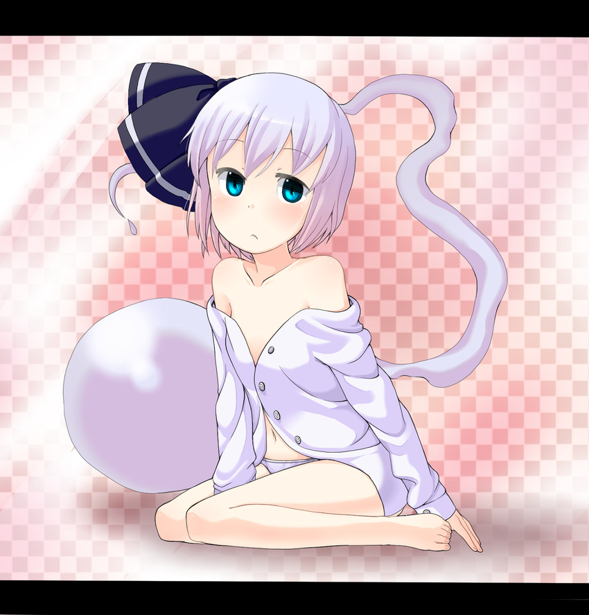 bare_shoulders barefoot black_hairband blue_eyes collarbone dress_shirt flat_chest ghost hairband highres konpaku_youmu konpaku_youmu_(ghost) muku_(muku-coffee) no_bra no_pants panties shirt short_hair silver_hair sitting solo touhou underwear wariza