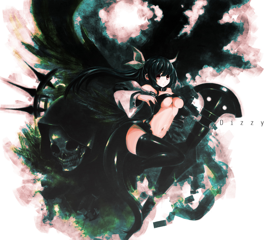 asymmetrical_wings bare_shoulders black_hair bow breasts choker detached_sleeves dizzy feathers guilty_gear hair_bow highres large_breasts long_hair navel necro_(guilty_gear) omega.ep red_eyes ribbon skull solo tail thighhighs underboob wings