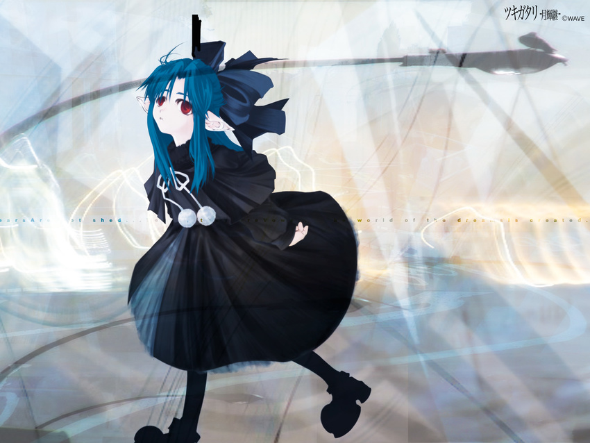 blue_hair bow dress gbeer hair_bow highres lamppost len red_eyes solo tsukihime