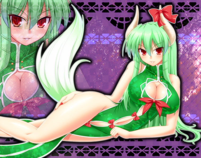 adapted_costume alternate_costume arm_support bare_legs bow breasts center_opening china_dress chinese_clothes cleavage cleavage_cutout dress ex-keine green_hair horn_ribbon horns john_(nakoto) kamishirasawa_keine large_breasts legs long_hair looking_at_viewer lying nail_polish navel no_panties on_side red_eyes red_nails ribbon seductive_smile side_slit slit_pupils smile solo tail touhou tsurime zoom_layer