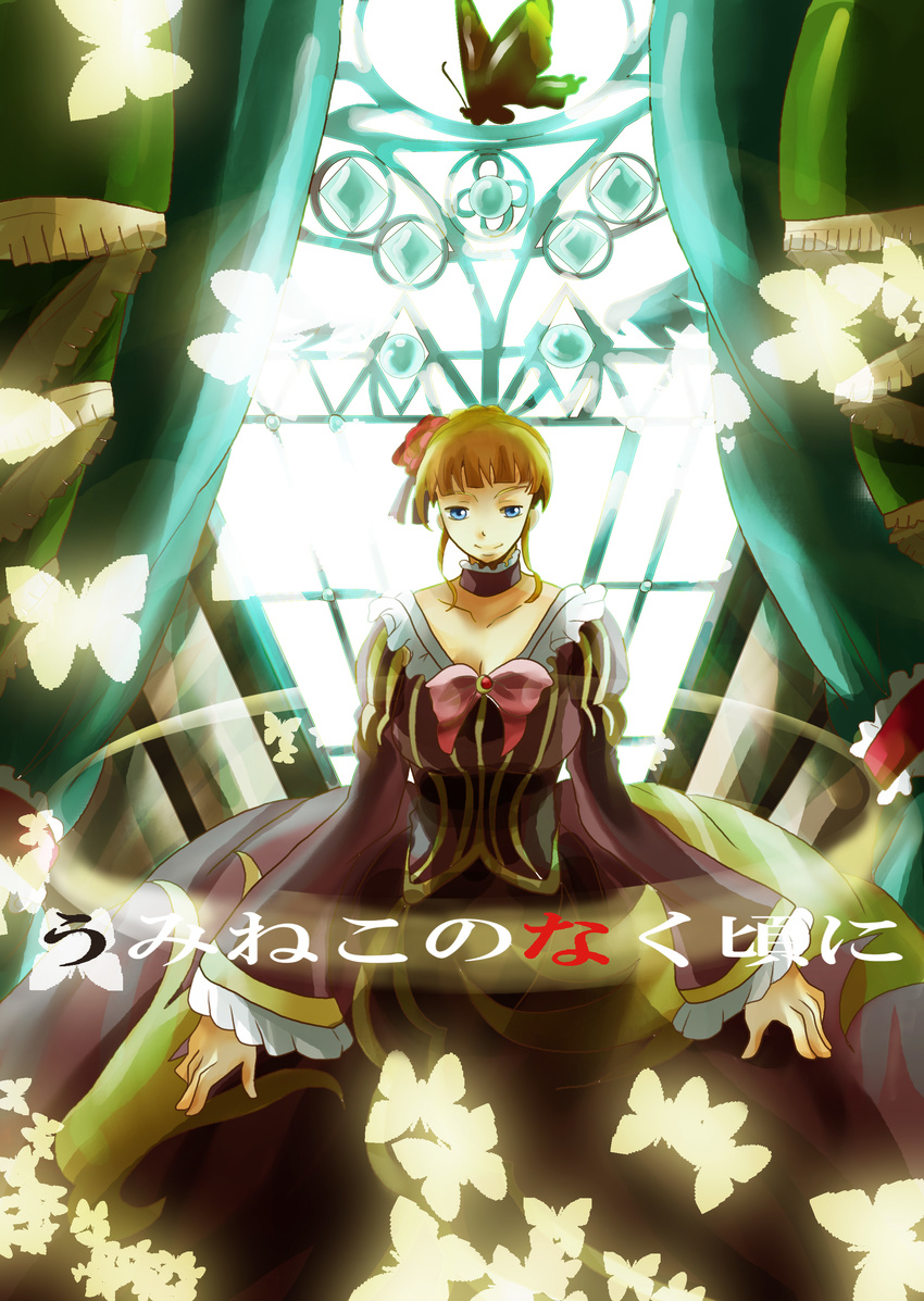 absurdres bad_id bad_pixiv_id beatrice blonde_hair blue_eyes bow breasts bug butterfly choker cleavage curtains dress flower hair_flower hair_ornament highres insect large_breasts rio_(e2759) rose solo umineko_no_naku_koro_ni