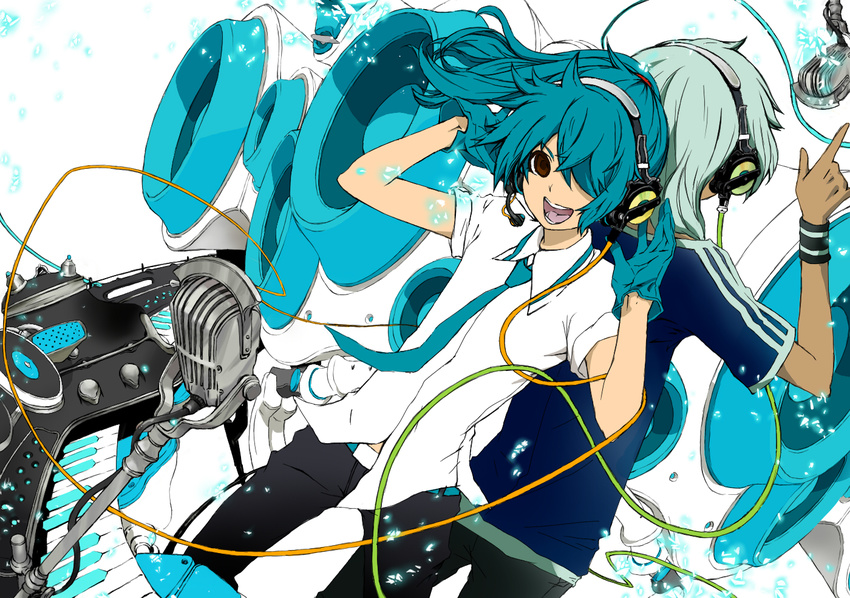 bad_id bad_pixiv_id blue_hair brown_eyes casual denim gloves hair_over_one_eye headphones inazuma_eleven inazuma_eleven_(series) instrument jeans kazemaru_ichirouta keyboard_(instrument) male_focus melt_(vocaloid) microphone microphone_stand multiple_boys necktie otoko_no_ko pants ponytail sakuma_jirou shirt siroooo speaker synthesizer t-shirt vocaloid white_hair