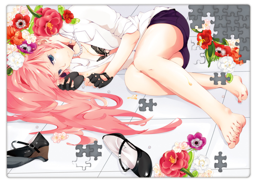 anemone_(flower) bad_id bad_pixiv_id barefoot bee blue_eyes bra breasts bug cleavage feet fingerless_gloves flower gloves hatsuko high_heels insect jigsaw_puzzle legs lingerie long_hair lying medium_breasts megurine_luka nail_polish on_side pink_hair pink_nails puzzle shoes solo toenail_polish underwear vocaloid