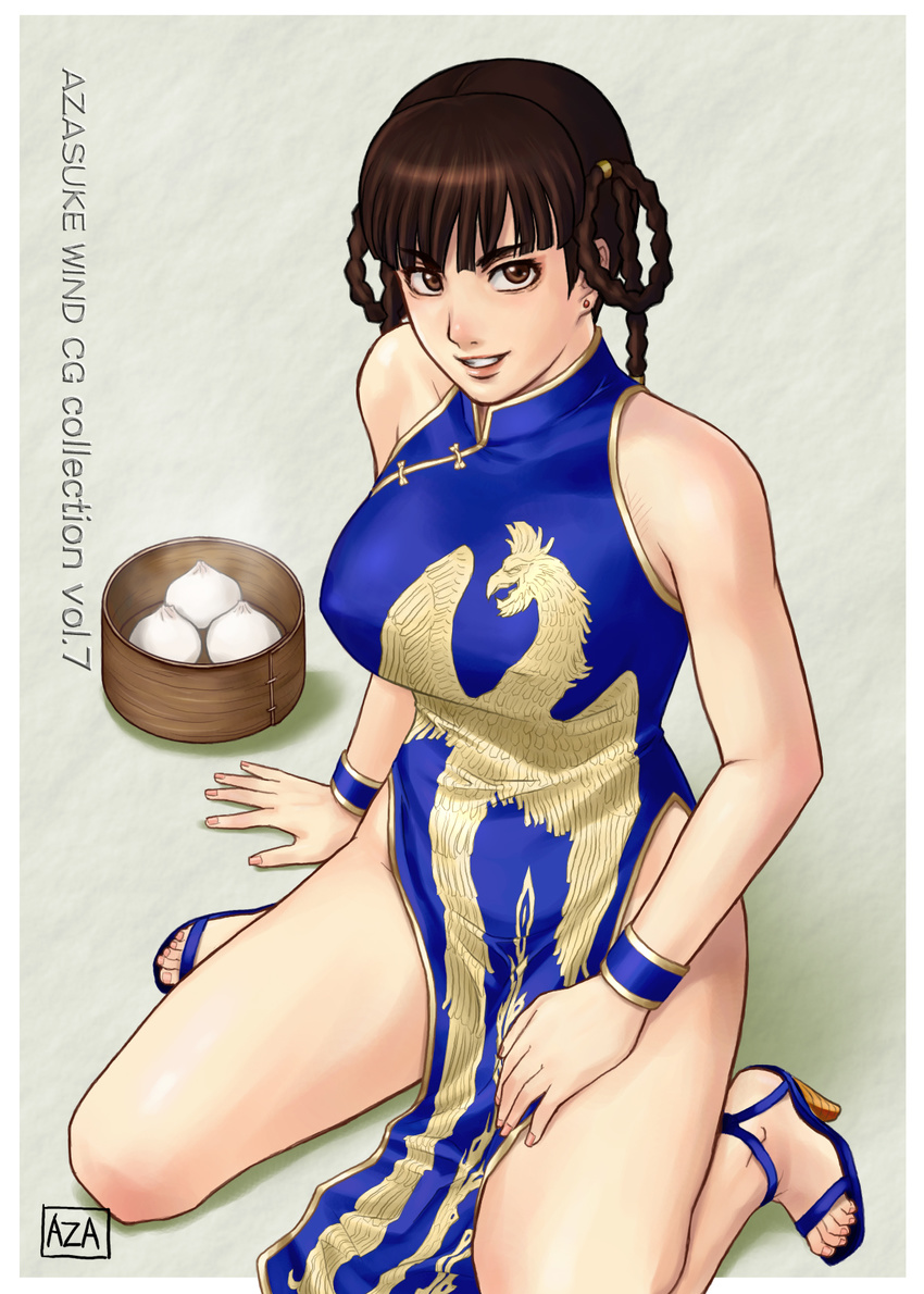 arm_support azasuke bamboo_steamer bare_shoulders braid breasts brown_eyes brown_hair china_dress chinese_clothes cuffs dead_or_alive dim_sum dress dumpling earrings female food grin highres jewelry kneeling lei_fang nail_polish nikuman palette_swap pheonix sandals smile solo tecmo twin_braids watermark