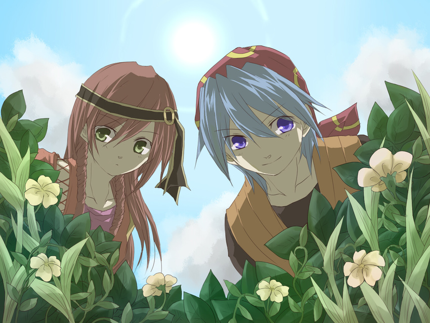 1boy 1girl bandana bandanna blue_eyes blue_hair chrono_(series) chrono_cross cloud clouds couple female flower green_eyes kato_(pixiv346713) leena long_hair male plant plants red_hair redhead rena_(chrono_cross) serge short_hair sky