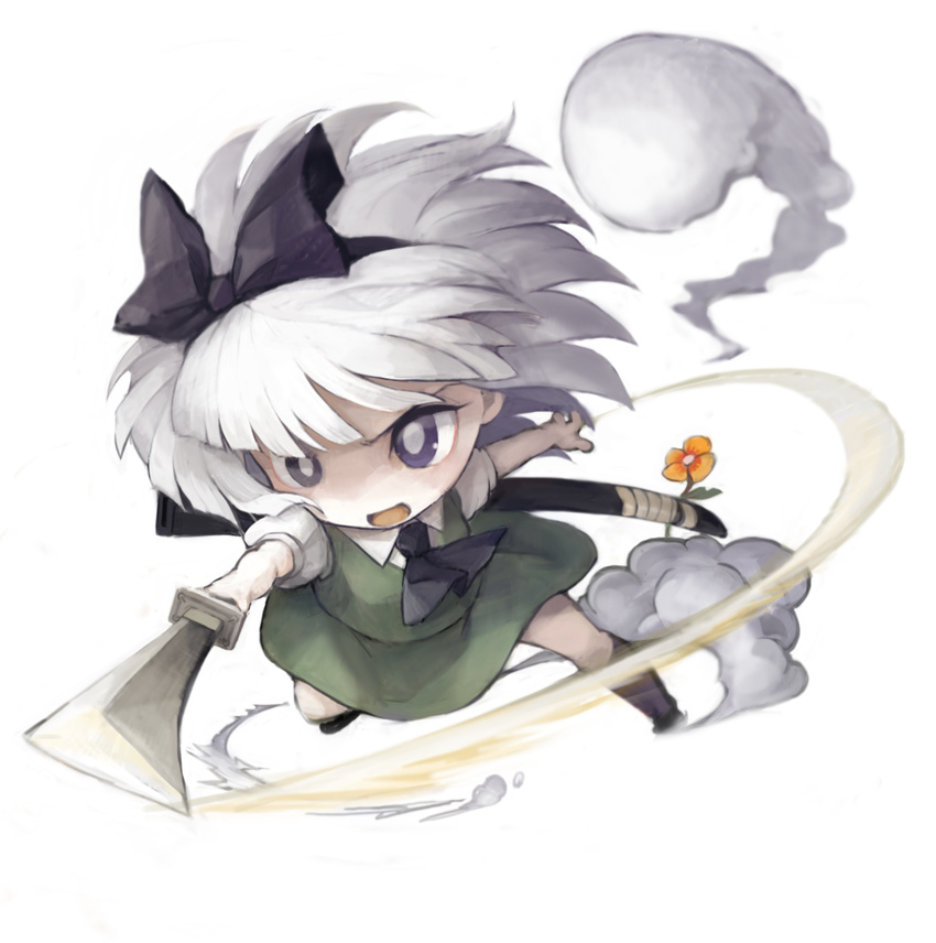 bad_id bad_pixiv_id bangs blunt_bangs chibi dust flower foreshortening hair_ribbon highres katana konpaku_youmu konpaku_youmu_(ghost) mitsuki_(goomoku) open_mouth ribbon short_hair silver_hair solo sword touhou weapon