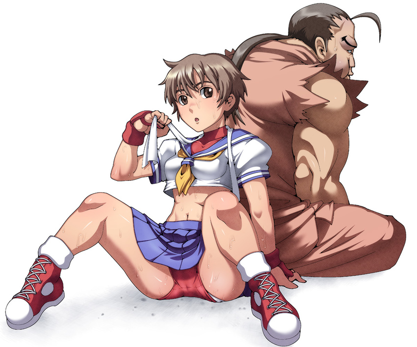 1girl blue_sailor_collar brown_eyes brown_hair buruma fingerless_gloves gloves hibiki_dan kasugano_sakura midriff panties sailor_collar school_uniform serafuku short_hair street_fighter sweat tabigarasu underwear