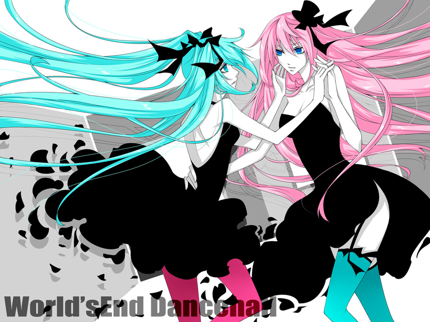 aqua_eyes aqua_hair bad_id bad_pixiv_id black_dress blue_legwear bow dancing dress hair_bow hair_ribbon hat hatsune_miku long_hair megurine_luka mini_hat mini_top_hat multiple_girls natsuki0910 pink_hair pink_legwear ribbon thighhighs top_hat twintails very_long_hair vocaloid world's_end_dancehall_(vocaloid) zettai_ryouiki