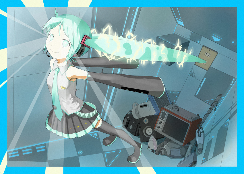 1girl aqua_eyes aqua_hair detached_sleeves electricity glowing glowing_eyes hatsune_miku headset highres lightning long_hair necktie pinocchio-p skirt smile solo thighhighs twintails very_long_hair vocaloid zettai_ryouiki