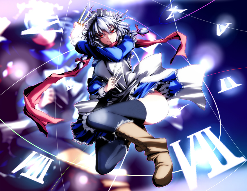 bad_id bad_pixiv_id braid izayoi_sakuya knife maid maid_headdress perfect_cherry_blossom red_eyes scarf short_hair silver_hair solo thighhighs touhou twin_braids yamane_akira