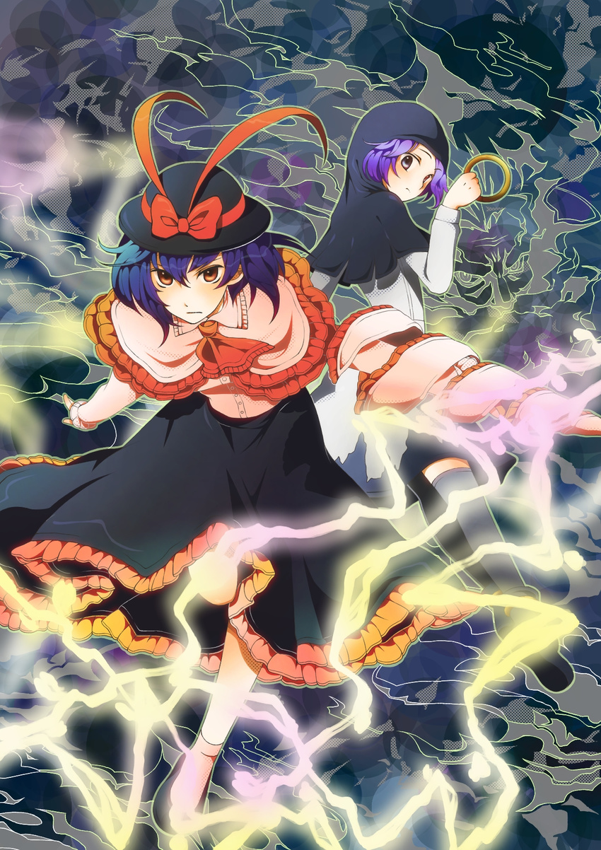 ascot bad_id bad_pixiv_id black_hat blue_hair bow bowler_hat brown_eyes hair_between_eyes hat hat_bow highres holding hoop kumoi_ichirin leaning_forward leg_up lobo_(kyodai_na_robo) long_sleeves looking_back multiple_girls nagae_iku orange_neckwear purple_hair red_bow shawl touhou unzan