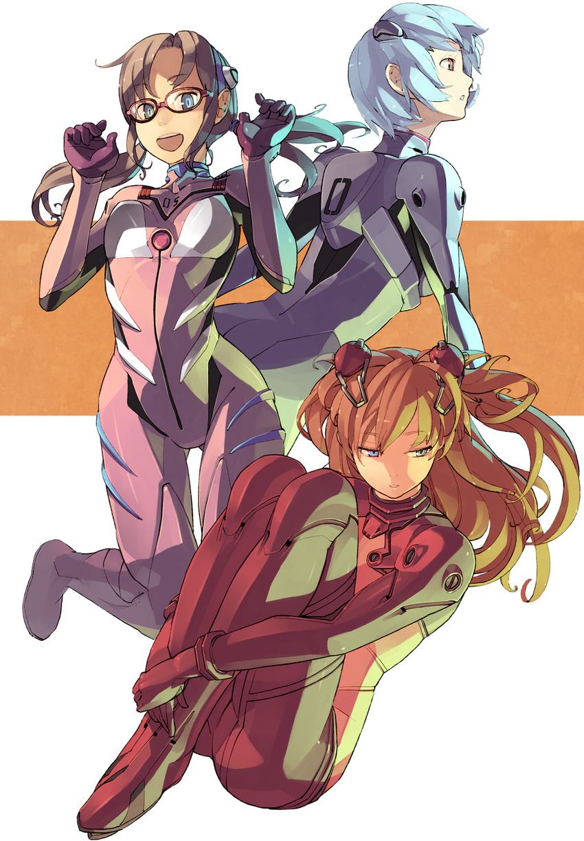 ayanami_rei blue_eyes bodysuit brown_hair evangelion:_2.0_you_can_(not)_advance glasses highres makinami_mari_illustrious multiple_girls neon_genesis_evangelion orange_hair pink_bodysuit plugsuit rebuild_of_evangelion red_eyes shihou_(g-o-s) shikinami_asuka_langley souryuu_asuka_langley test_plugsuit