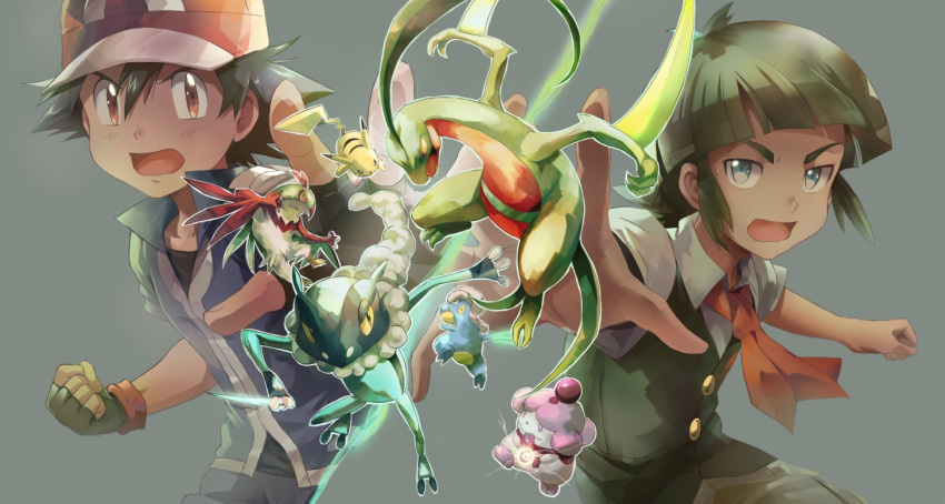 2boys bagon bangs baseball_cap black_hair black_shirt blue_eyes brown_eyes clenched_hand commentary electricity english_commentary fingerless_gloves frogadier gen_1_pokemon gen_3_pokemon gen_6_pokemon gloves green_hair grovyle hair_between_eyes hat hawlucha jacket looking_at_viewer multiple_boys necktie open_mouth pikachu pokemon pokemon_(anime) pokemon_(creature) pokemon_xy_(anime) r-sraven red_neckwear satoshi_(pokemon) shirt shouta_(pokemon) sidelocks simple_background slurpuff spiked_hair spread_fingers