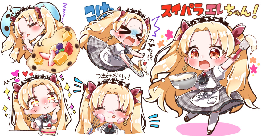 &gt;_&lt; /\/\/\ 1girl :t absurdres black_neckwear blonde_hair blush bowl brooch brown_footwear chibi closed_eyes closed_mouth collared_shirt commentary_request dress earrings eating ereshkigal_(fate/grand_order) fate/grand_order fate_(series) food grey_dress hair_ribbon hand_on_own_cheek heart highres holding holding_bowl holding_tray infinity jako_(jakoo21) jewelry long_hair mixing_bowl multiple_views notice_lines open_mouth pancake plaid plaid_dress plate puffy_short_sleeves puffy_sleeves red_ribbon ribbon shirt short_sleeves sleeping sleeveless sleeveless_dress sparkle spatula standing standing_on_one_leg thighhighs tiara translation_request tray two_side_up very_long_hair wavy_mouth white_background white_legwear white_shirt zzz