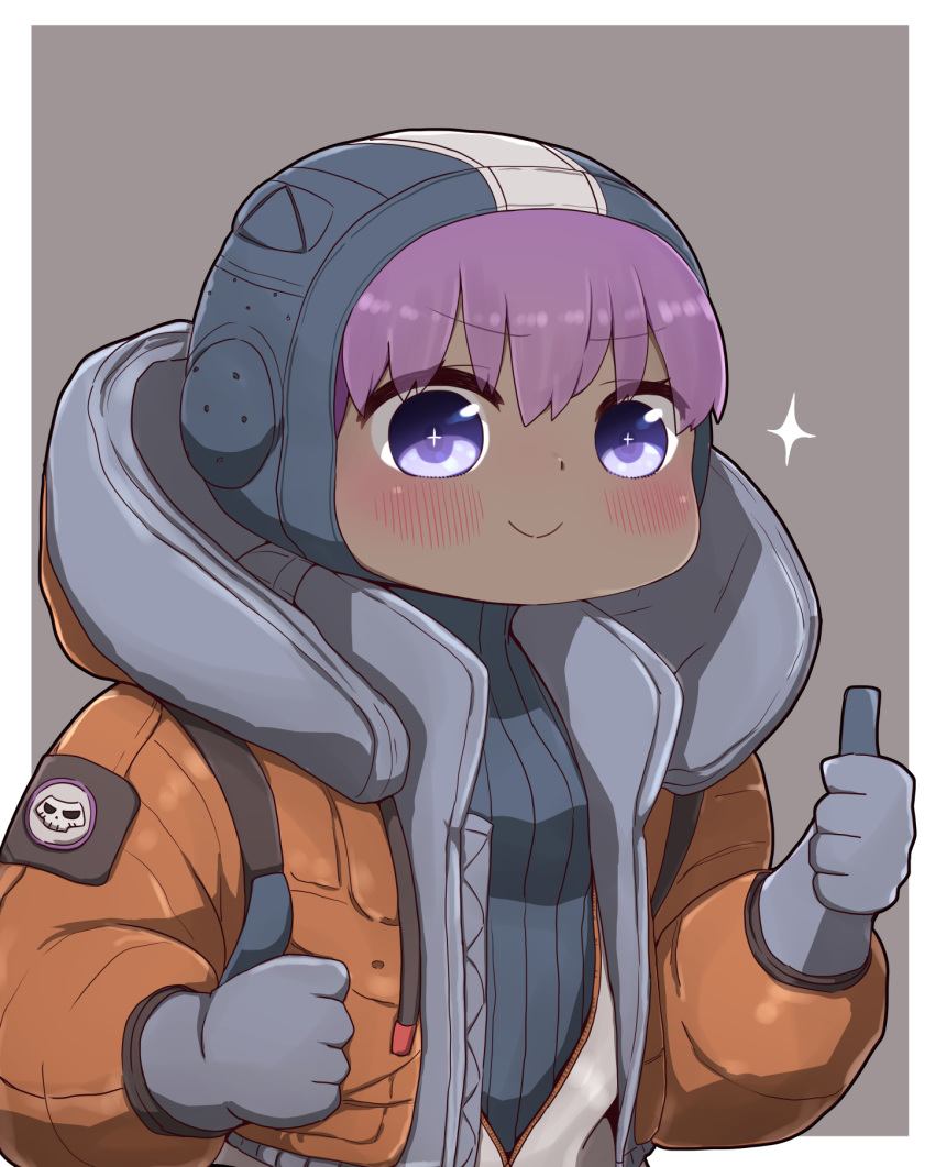 1girl apex_legends bangs blue_sweater blush brown_jacket closed_mouth cosplay dark_skin double_thumbs_up eyebrows_visible_through_hair fate/prototype fate/prototype:_fragments_of_blue_and_silver fate_(series) gloves grey_background grey_gloves hair_between_eyes hassan_of_serenity_(fate) highres hood hood_down hood_up hooded_jacket i.u.y jacket long_sleeves open_clothes open_jacket puffy_long_sleeves puffy_sleeves purple_eyes purple_hair ribbed_sweater smile solo sparkle sweater thumbs_up two-tone_background upper_body wattson_(apex_legends) wattson_(apex_legends)_(cosplay) white_background