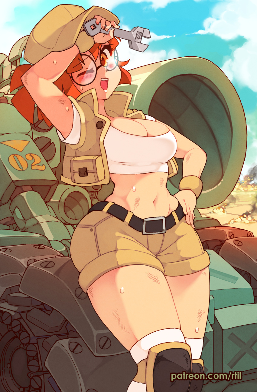 1girl absurdres arm_up baseball_cap belt black-framed_eyewear blush breasts brown_eyes brown_hair cleavage day dirty fio_germi glasses ground_vehicle hand_on_hip hat highres knee_pads long_hair looking_at_viewer mechanic metal_slug midriff military military_vehicle motor_vehicle navel one_eye_closed open_clothes open_vest over-kneehighs round_eyewear rtil short_ponytail shorts slender_waist solo sweat tank tank_top thighhighs vest war white_legwear wrench wristband