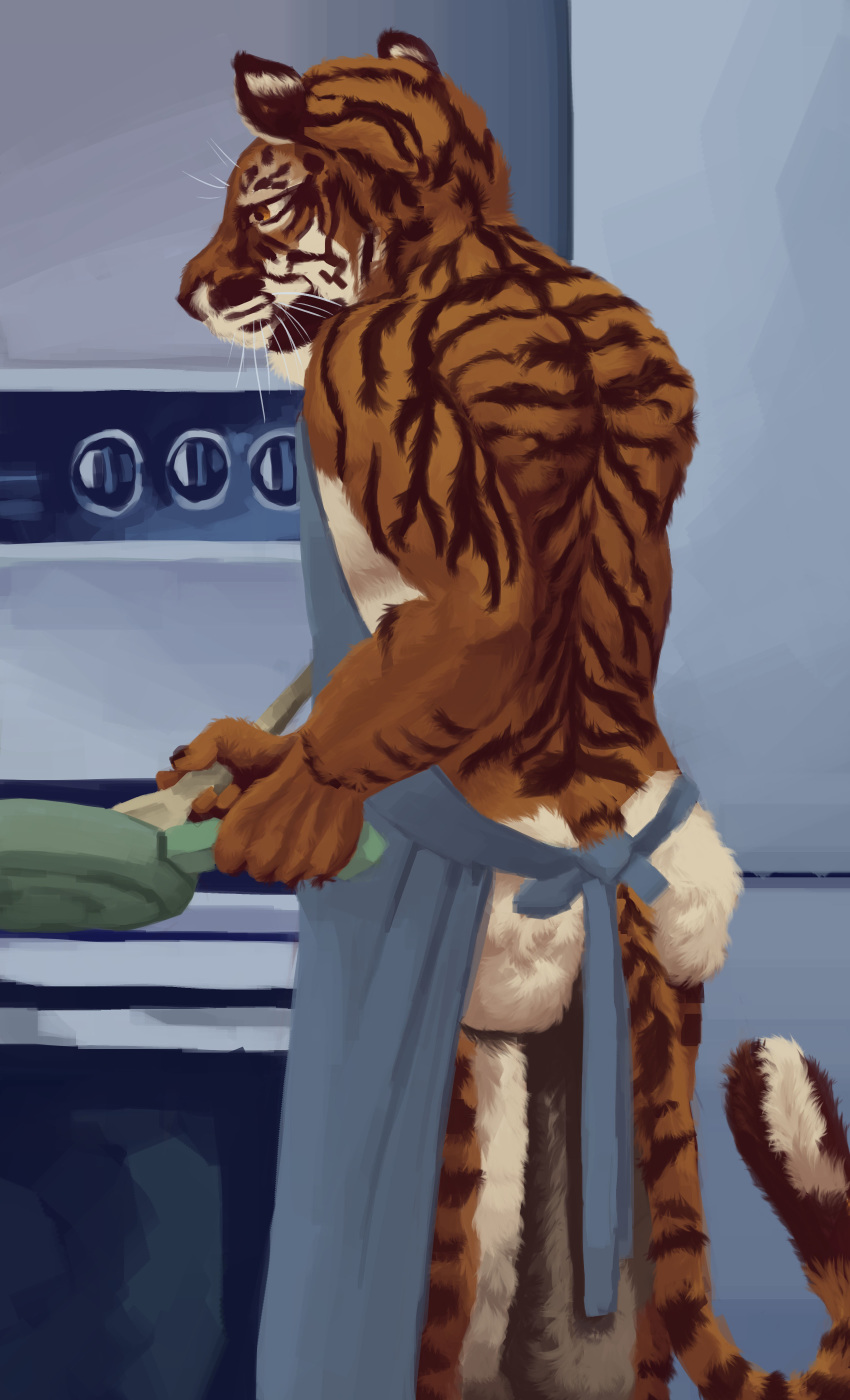 absurd_res anthro apron apron_only butt clothing cooking cookware felid feline frying_pan fur hi_res kitchen kitchen_utensils looking_down male mammal momamo mostly_nude orange_body orange_eyes orange_fur pantherine rear_view solo standing stripes tiger tools tuft