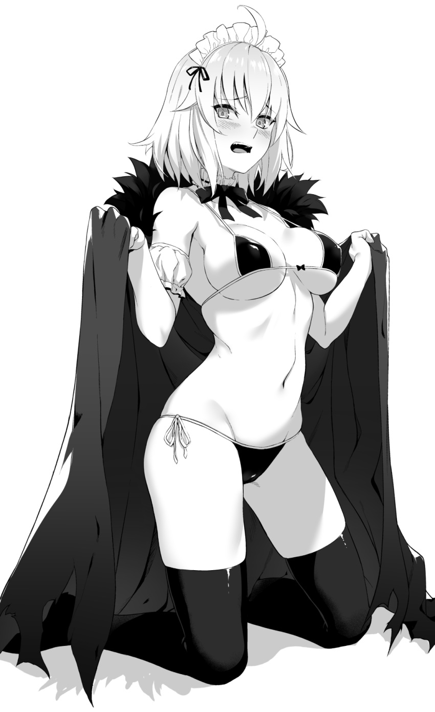 1girl ahoge bangs bikini blush bow bow_bikini bowtie breasts cape collar commentary_request detached_collar embarrassed eyebrows_visible_through_hair fate/grand_order fate_(series) frilled_armband frilled_collar frills frown full_body fur-trimmed_cape fur_trim greyscale groin highres jeanne_d'arc_(alter)_(fate) jeanne_d'arc_(fate)_(all) kneeling large_breasts looking_at_viewer maid_headdress monochrome navel open_mouth prime shadow short_hair side-tie_bikini skindentation solo string_bikini swimsuit thighhighs