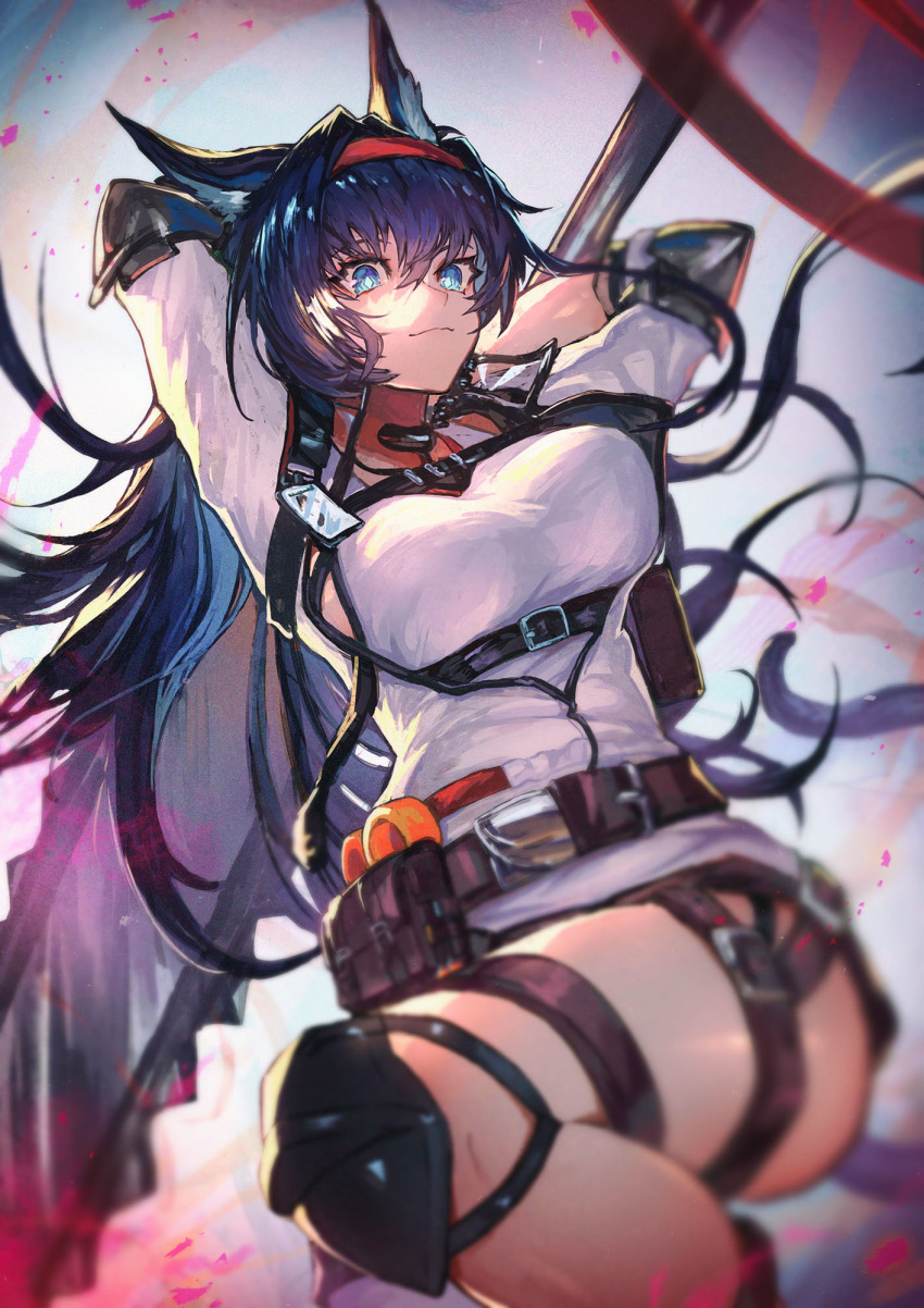1girl animal_ears arknights arms_up belt belt_pouch black_shorts blaze_(arknights) blue_eyes blue_hair breasts cat_ears cat_tail chainsaw closed_mouth commentary_request cowboy_shot electricity fire hair_between_eyes hairband highres holding holding_weapon knee_pads long_hair looking_at_viewer medium_breasts name_tag nijimaarc pouch shirt short_shorts shorts smile solo tail thigh_strap thighs weapon white_shirt