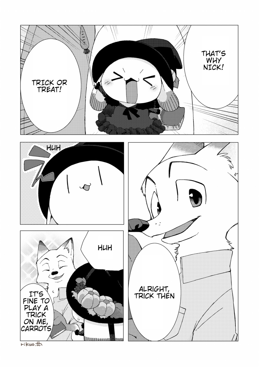 alternate_version_at_source anthro canid canine clothing comic dialogue disney duo edit english_text fox fur halloween_costume hard_translated hat headgear headwear hi_res judy_hopps lagomorph leporid mammal monochrome nick_wilde open_mouth open_smile rabbit red_fox rikuo_(artist) smile speech_bubble text translated vertical_bar_eyes witch_hat zootopia