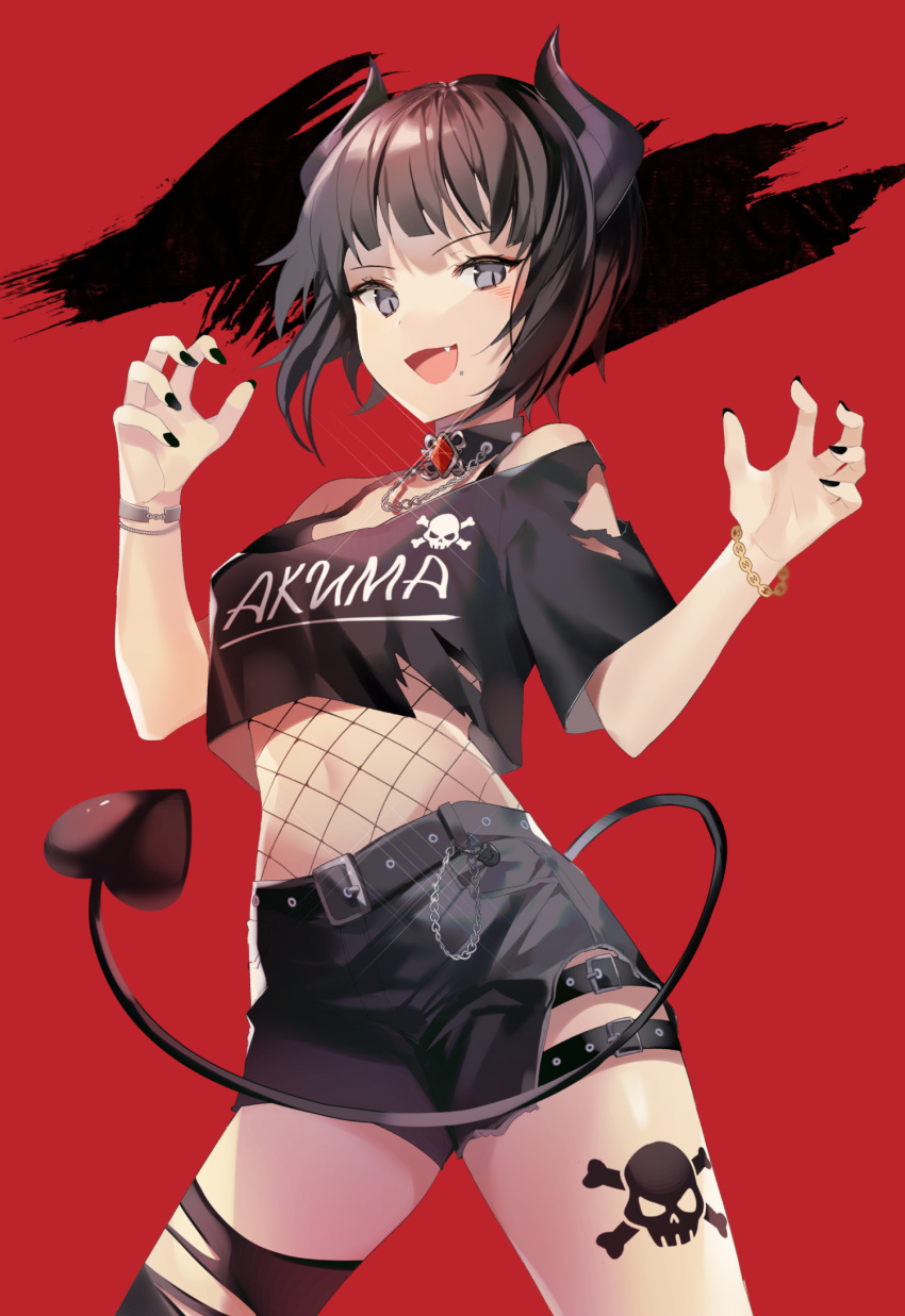 1girl :d bangs bare_shoulders belt black_belt black_nails black_skirt breasts chain commentary_request demon_girl demon_horns demon_tail fang highres horns looking_at_viewer medium_breasts mole mole_under_mouth open_mouth original purple_eyes red_background short_sleeves simple_background skirt skull_tattoo smile tail torn_clothes yuhi_(hssh_6)