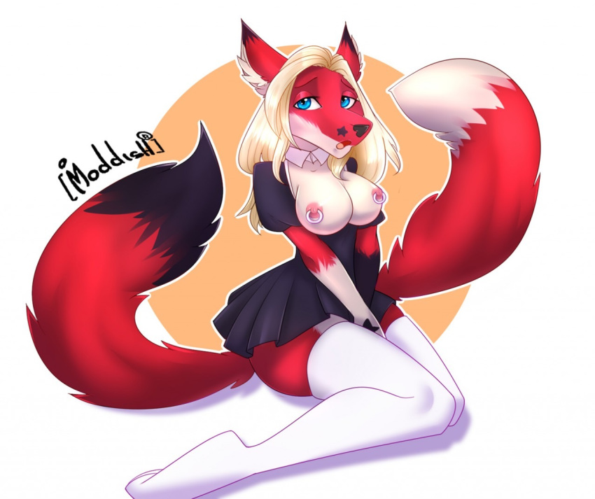 2_tails anthro arms_between_legs black_body black_fur blonde_hair blue_eyes bottomwear breasts canid canine clothed clothing exposed_breasts female fox fur hair legwear mammal moddish multi_tail nipple_piercing nipple_ring nipples partially_clothed piercing red_body red_fur skirt solo stockings white_body white_fur