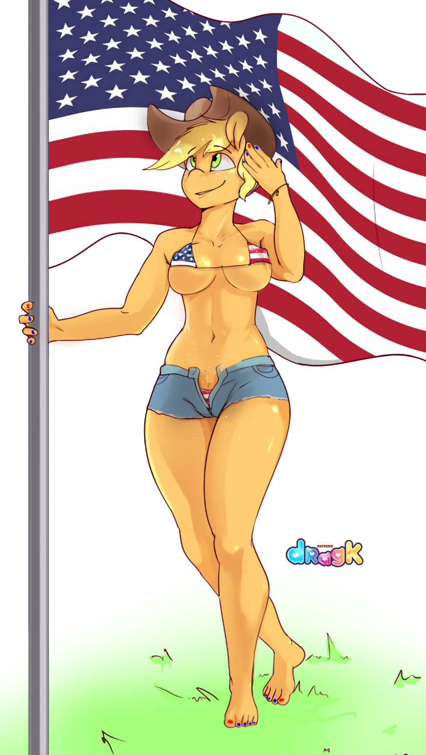 2020 4th_of_july 5_toes absurd_res applejack_(mlp) breasts clothing dragk equid eyebrows feet female fingers friendship_is_magic hasbro hat headgear headwear hi_res humanoid_feet mammal my_little_pony navel nipple_outline smile solo stars_and_stripes toes united_states_of_america