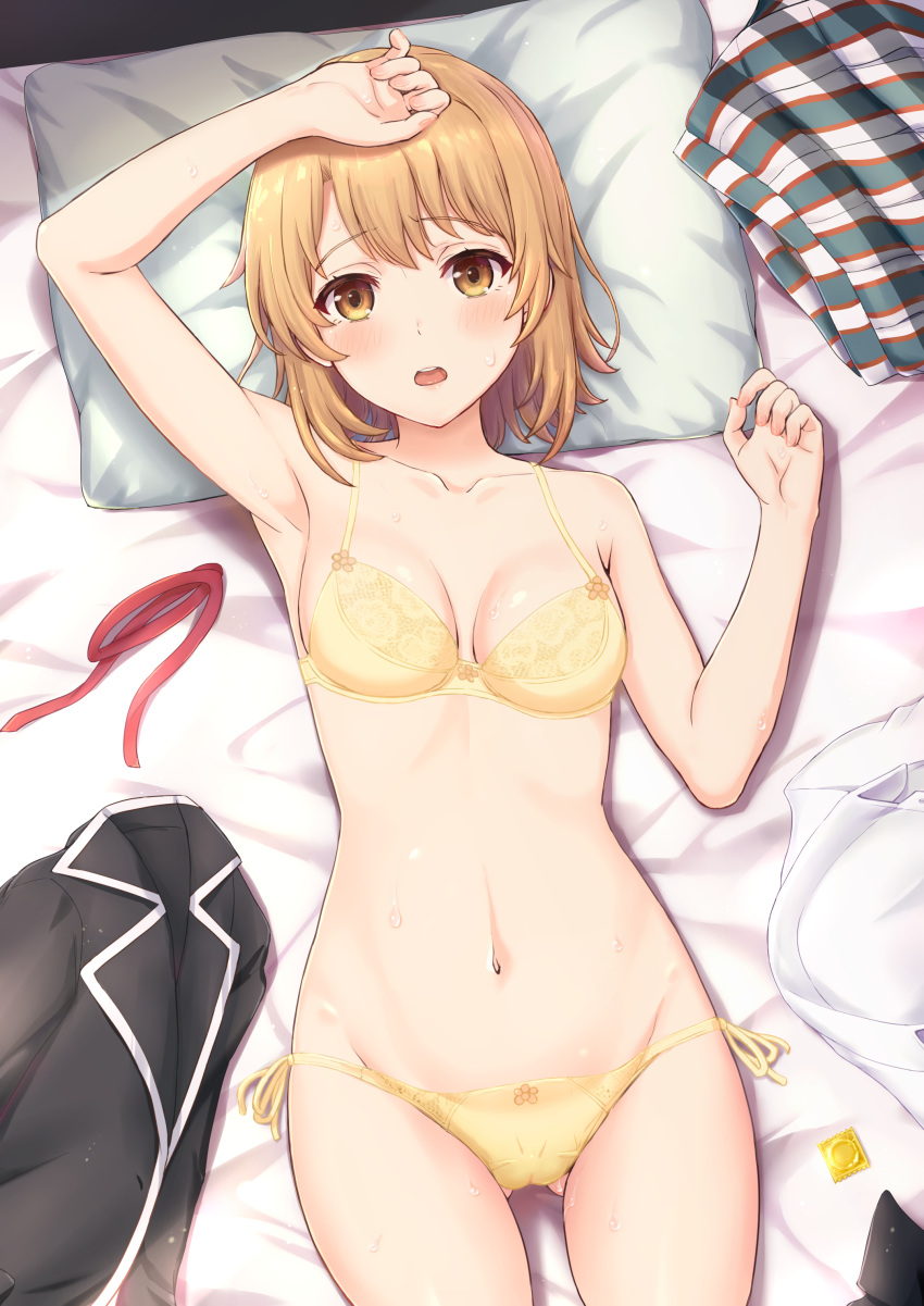 1girl absurdres arm_up ass_visible_through_thighs bangs black_jacket blush bra breasts collarbone commentary commentary_request condom_wrapper eyebrows_visible_through_hair furrowed_eyebrows groin hand_up head_on_pillow highres inanaki_shiki isshiki_iroha jacket jacket_removed light_brown_hair looking_at_viewer lying navel on_back open_mouth panties red_ribbon ribbon ribbon_removed shirt shirt_removed short_hair side-tie_panties skirt skirt_removed solo sweat thighs tongue underwear underwear_only upper_teeth white_shirt yahari_ore_no_seishun_lovecome_wa_machigatteiru. yellow_bra yellow_eyes yellow_panties