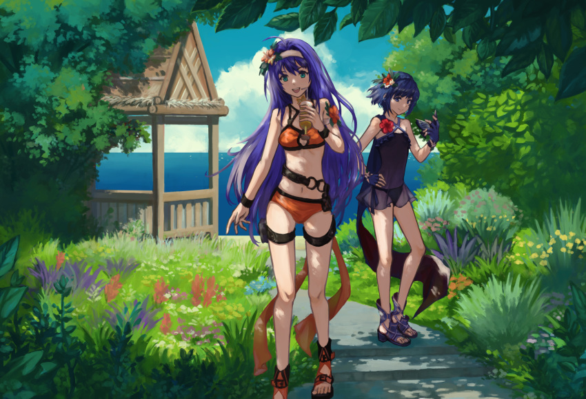 2girls bikini blue_eyes blue_gloves blue_hair blue_sky braid closed_mouth cloud crown_braid day fingerless_gloves fire_emblem fire_emblem:_radiant_dawn fire_emblem_awakening fire_emblem_heroes flower gloves grass hair_flower hair_ornament hairband high_heels highres holding holding_mask imageprogram_(kent) long_hair lucina_(fire_emblem) marth_(fire_emblem_awakening) mask mask_removed mia_(fire_emblem) multiple_girls open_mouth outdoors see-through sky smile swimsuit thigh_strap tree water white_hairband wristband