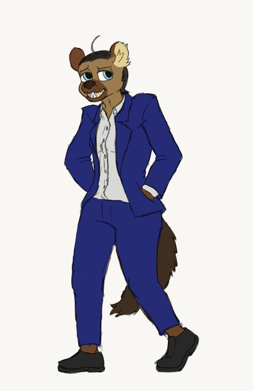 absurd_res aeric_laphs anthro blue_eyes brown_body brown_fur clothing dress_shirt dress_shoes fur gold_(metal) gold_tooth hi_res hyaenid male mammal pose quidhansed reference_image sharp_teeth shirt slicked_back_hair solo spotted_hyena teeth three_piece_suit topwear