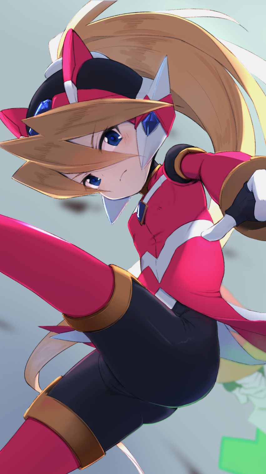 1girl absurdres ass bike_shorts blonde_hair blue_eyes blurry blurry_background ciel_(rockman) closed_mouth cosplay energy_sword gloves grey_background helmet highres holding holding_sword holding_weapon long_hair long_sleeves momo_(higanbana_and_girl) ponytail red_shirt rockman rockman_zero shirt simple_background solo sword very_long_hair weapon white_gloves zero_(rockman) zero_(rockman)_(cosplay)