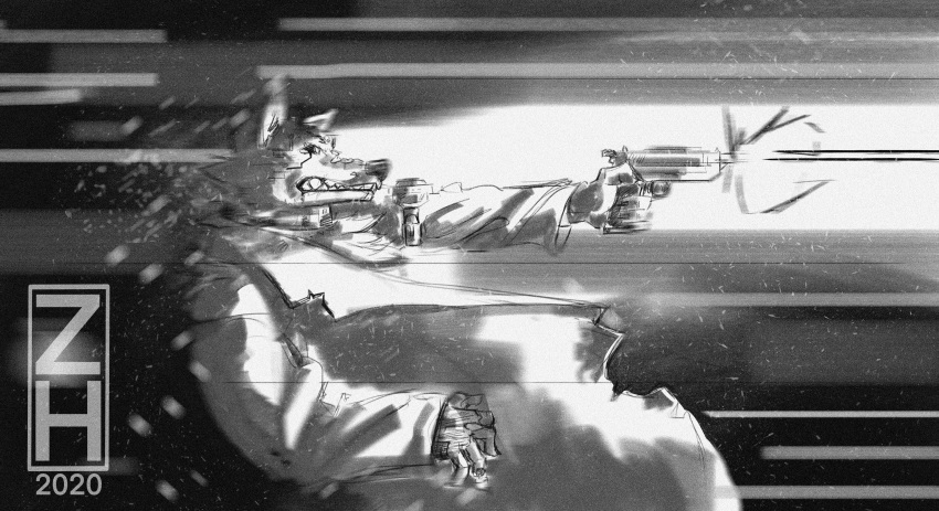 2020 absurd_res anthro augmented_body black_and_white blood bodily_fluids bullet canid canine canis clothing coat cybernetics digital_drawing_(artwork) digital_media_(artwork) firing firing_gun firing_weapon geometric_background gun handgun hi_res looking_away machine male mammal monochrome nosebleed pistol prosthetic_hand ranged_weapon signature simple_background sketch solo topwear torn_clothing trenchcoat weapon wolf zhearun
