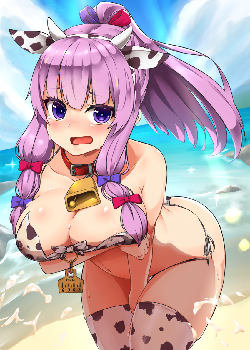 1girl animal_ears animal_print bare_arms bare_shoulders beach bell bikini blue_sky breasts cleavage collar cow_ears cow_print cowboy_shot day fake_horns hairband highres horns large_breasts leaning_forward long_hair looking_at_viewer ocean open_mouth outdoors patchouli_knowledge ponytail purple_eyes purple_hair red_collar shiron_(e1na1e2lu2ne3ru3) side-tie_bikini sky solo string_bikini summer swimsuit thighhighs touhou white_bikini white_hairband white_legwear