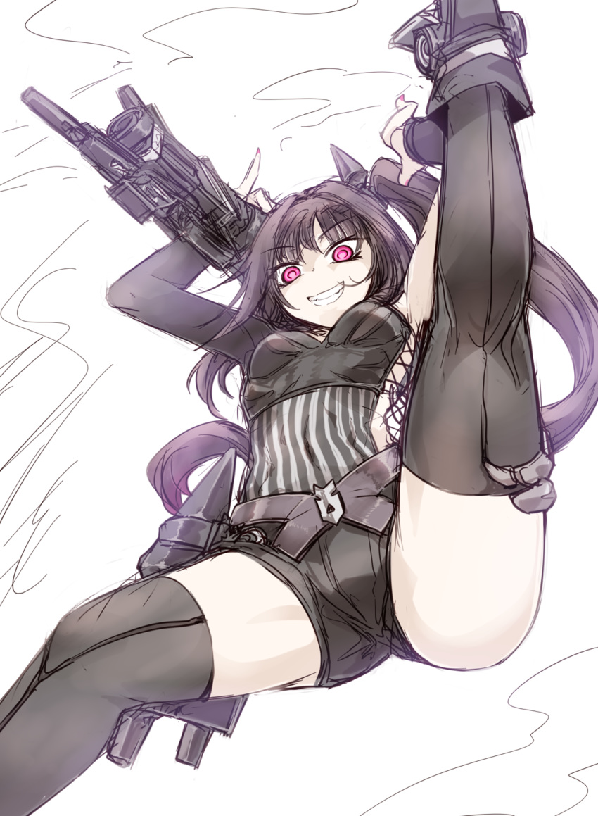 1girl architect_(girls_frontline) asymmetrical_clothes black_hair boots eyebrows_visible_through_hair from_below girls_frontline grin highres hip_vent hourai_kochou leg_up long_hair pink_eyes pink_nails pinstripe_pattern side_ponytail sketch smile solo striped thighhighs very_long_hair