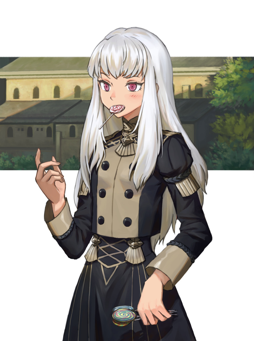 1girl candy fire_emblem fire_emblem:_three_houses food food_in_mouth garreg_mach_monastery_uniform highres holding_lollipop imageprogram_(kent) lollipop long_hair long_sleeves lysithea_von_ordelia pink_eyes solo tree uniform white_hair