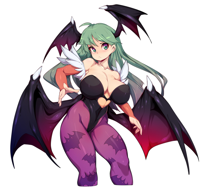 absurd_res blush capcom clothing darkstalkers demon female green_hair hair head_wings hi_res humanoid legwear long_hair morrigan_aensland not_furry pantyhose slugbox solo thick_thighs video_games winged_humanoid wings