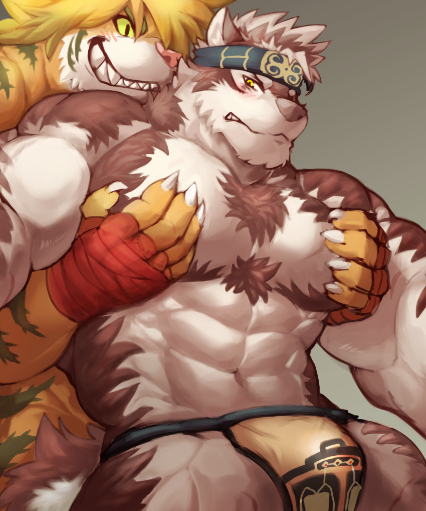 2017 5_fingers abs absurd_res accessory anthro bandage big_pecs black_nose blonde_hair blush brown_body brown_fur bulge canid canine canis clothed clothing duo felid fingers fur grin hair hand_on_chest headband hi_res horkeukamui istani kemono magan male male/male mammal manly multicolored_body multicolored_fur muscular muscular_male pantherine pec_grasp pecs pink_nose pupils simple_background slit_pupils smile teeth tiger tokyo_afterschool_summoners topless video_games white_body white_fur wolf yellow_body yellow_eyes yellow_fur yellow_sclera