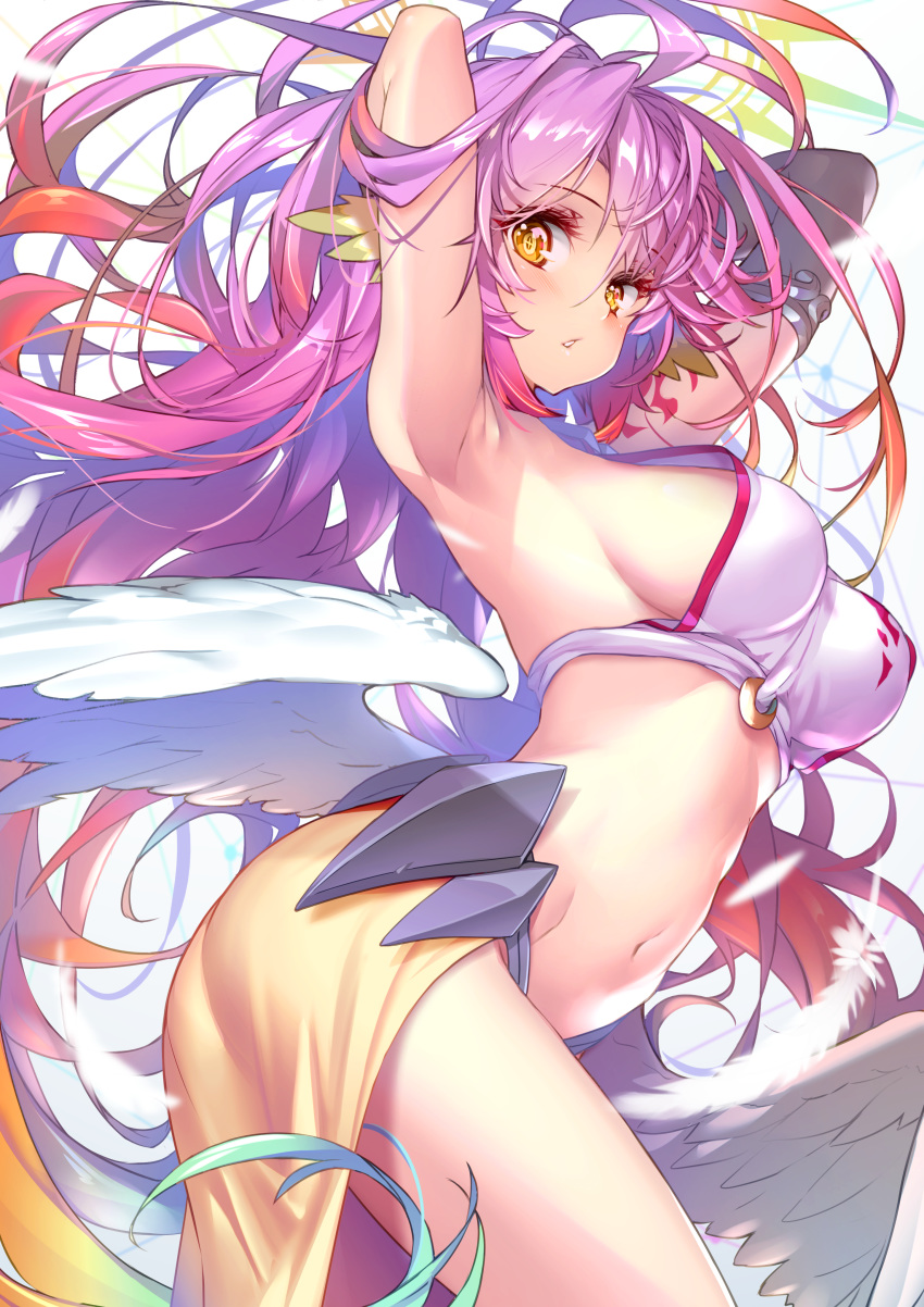 1girl absurdres angel_wings armpits ass breasts crop_top cross feathered_wings feathers gloves gradient_hair halo highres hong_(white_spider) jibril_(no_game_no_life) large_breasts long_hair looking_at_viewer low_wings magic_circle midriff multicolored multicolored_eyes multicolored_hair navel no_game_no_life orange_eyes paid_reward parted_lips patreon_reward pink_hair sideboob single_glove solo stomach symbol-shaped_pupils tattoo thighs very_long_hair white_wings wing_ears wings yellow_eyes