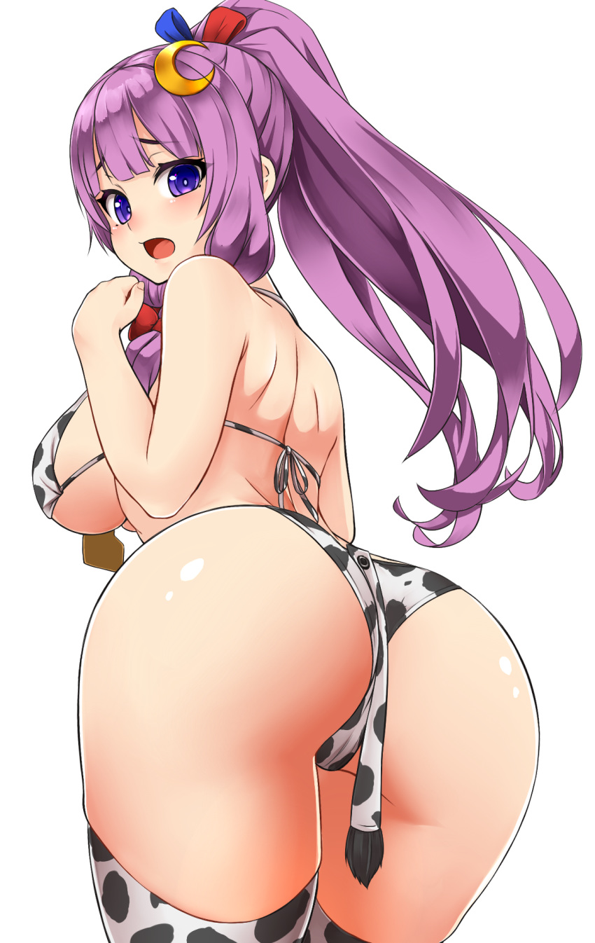 1girl ass bangs bare_arms bare_shoulders bikini blunt_bangs bow breasts crescent crescent_hair_ornament fake_tail from_behind hair_bow hair_ornament highres large_breasts long_hair looking_at_viewer patchouli_knowledge ponytail purple_eyes purple_hair red_bow shiron_(e1na1e2lu2ne3ru3) simple_background solo striped striped_bikini swimsuit tail thighhighs touhou white_background white_bikini white_legwear