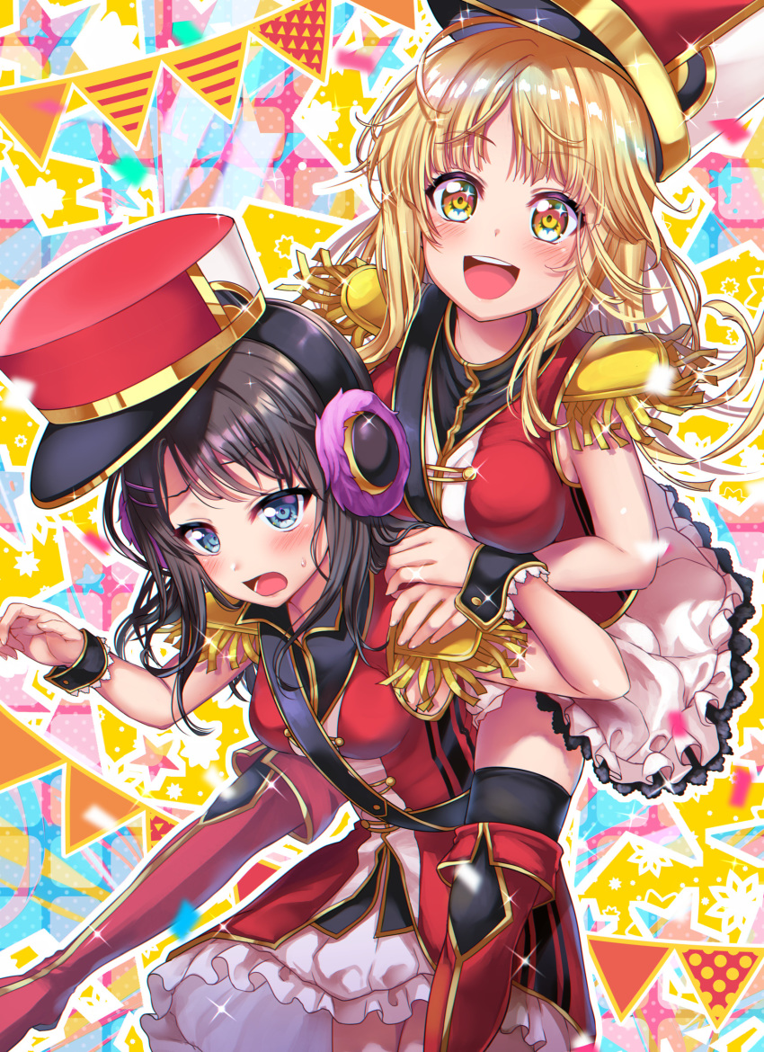 2girls :d abstract_background absurdres band_uniform bang_dream! bangs bare_shoulders black_hair black_legwear blonde_hair blue_eyes blush boots breasts commentary_request cowboy_shot epaulettes eyebrows_visible_through_hair frilled_skirt frills glint hair_ornament hairclip hat highres jumping kamita large_breasts long_hair looking_at_viewer medium_breasts medium_hair multiple_girls okusawa_misaki open_mouth red_footwear red_shirt shako_cap shirt sidelocks skirt sleeveless sleeveless_shirt smile sparkle sparkling_eyes standing strap thigh_boots thighhighs tsurumaki_kokoro white_skirt wrist_cuffs yellow_background yellow_eyes zettai_ryouiki