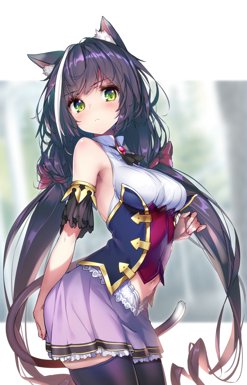 1girl absurdres animal_ear_fluff animal_ears bangs bare_shoulders black_hair black_legwear blush bow breasts brooch cat_ears cat_girl cat_tail closed_mouth eyebrows_visible_through_hair green_eyes hair_between_eyes hair_bow highres hong_(white_spider) jewelry karyl_(princess_connect!) large_breasts long_hair looking_at_viewer low_twintails multicolored_hair navel paid_reward patreon_reward princess_connect! princess_connect!_re:dive red_bow shirt skirt sleeveless sleeveless_shirt solo standing streaked_hair tail thighhighs trembling twintails underwear very_long_hair white_hair white_shirt